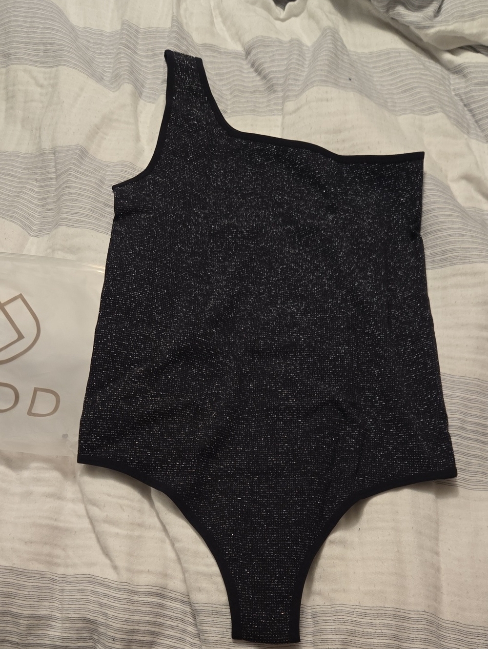Mindd Ribbed Off The Shoulder Body Suit Black And Silver Sparkle